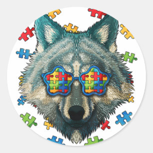 Autismus Bewusstsein Wolf Puzzle Sonnenbrille Auti Runder Aufkleber