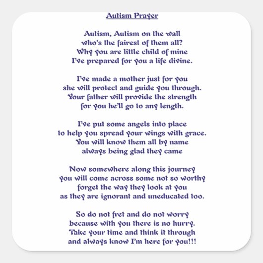 Autismus Gebet Quadratischer Aufkleber (Vorderseite)