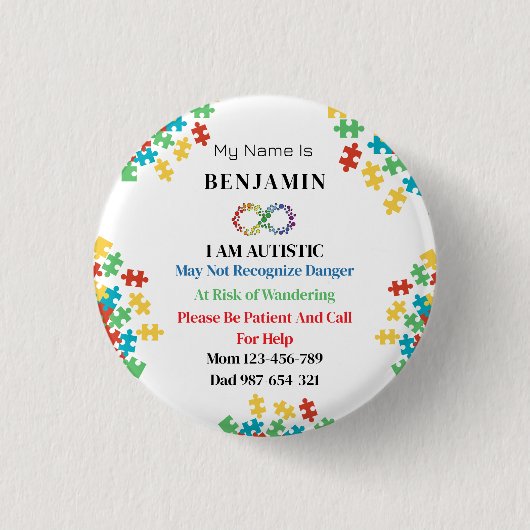 Autismus-ID Kind oder Erwachsener Button (Vorderseite)