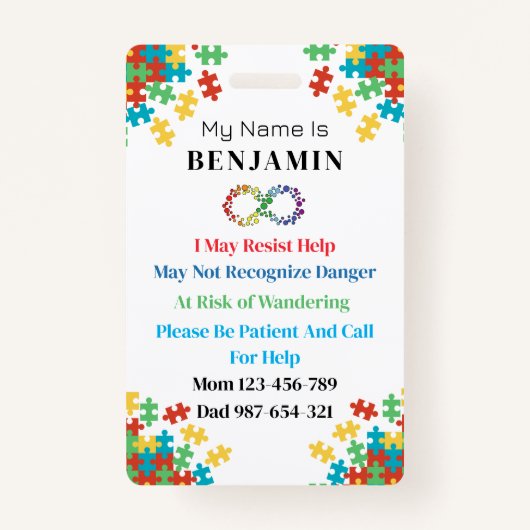 Autismus-ID Kind oder Erwachsener Medizinisches Wa Ausweis (Rückseite)