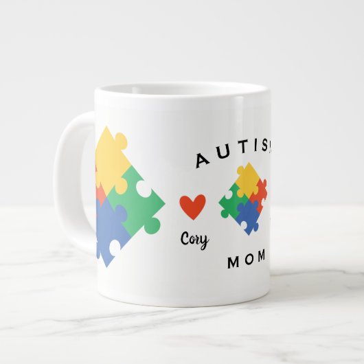 Autismus-Mama Personalisiert mit zwei Kindern Name Jumbo-Tasse (Vorderseite Links)
