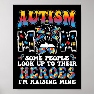 Autismus Mama Raising Hero Groovy Messy Bun Autism Poster