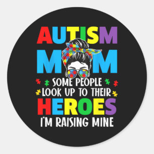 Autismus Mama Raising Hero Groovy Messy Bun Autism Runder Aufkleber