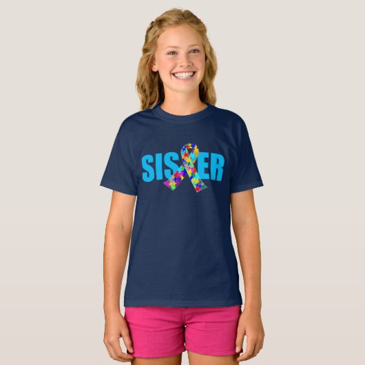 Autismus Schwester Niedlich Blue Awareness Ribbon T-Shirt (Vorne ganz)