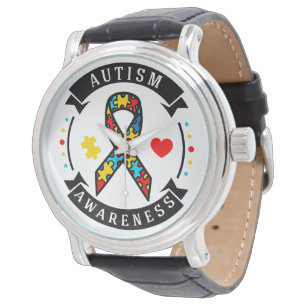 Autismus Sensibilisierung Vintager schwarzer Leder Armbanduhr