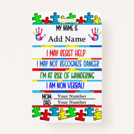 Autismus-Warnung nonverbaler Autistischer Kontakt Ausweis