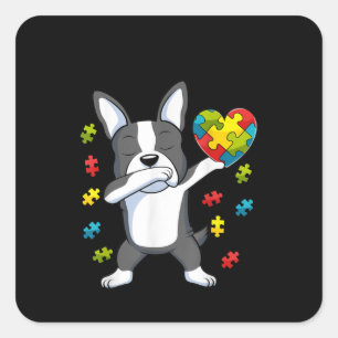 Autistic Dabbing Boston Terrier Puzzle Piece Herz Quadratischer Aufkleber
