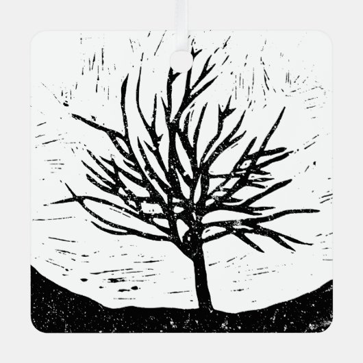 Autmnal Tree Lino Print Ornament Aus Metall (Vorderseite)