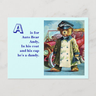 Auto Bear Andy - Letter A - Vintager Teddybär Postkarte