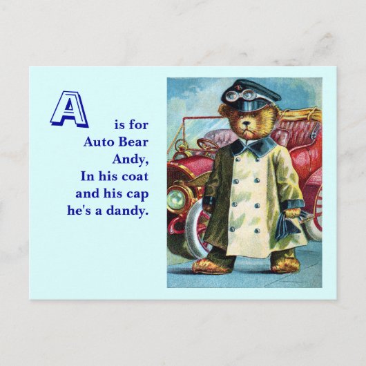 Auto Bear Andy - Letter A - Vintager Teddybär Postkarte (Vorderseite)