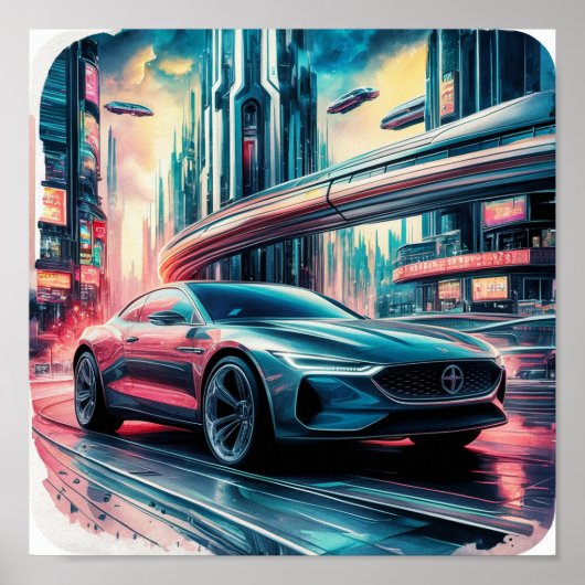 Auto in der futuristischen Stadt Poster (Vorne)