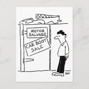 Auto-Koffer-Verkauf auf Schrottplatz Cartoon Postkarte