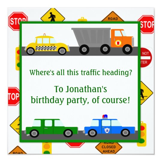 Auto Lkw Und Der Strassenschild Kinder Geburtstag Einladung Zazzle De