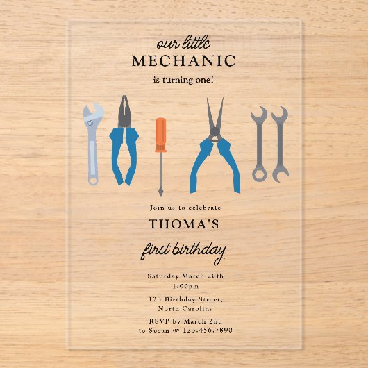 Auto Mechanic Automotive Tools Junge ersten Geburt Acryleinladungen (Vorderseite)