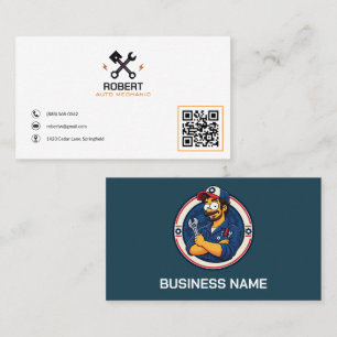 Auto-Mechaniker-Maskottchen QR-Code-Reparaturauto Visitenkarte