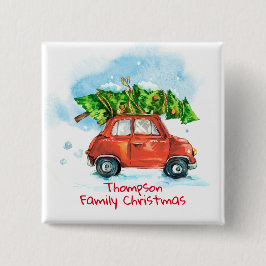 Auto mit Weihnachtsbaum und Familienname Button