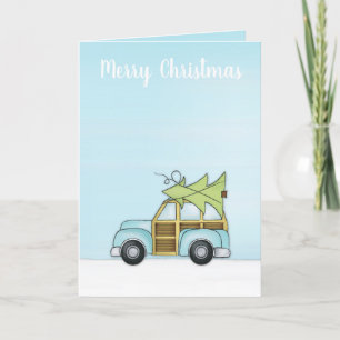 Auto mit Weihnachtsbaum-Weihnachtskarte Feiertagskarte