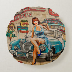 Auto reisen durch Amerika Vintage Poster. 66,Rout Rundes Kissen