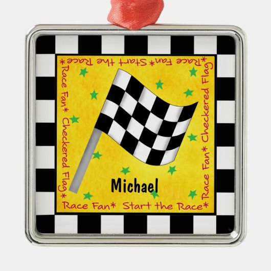 Auto-Rennen-Fan-Checkered Flaggen-Name Silbernes Ornament (Vorne)