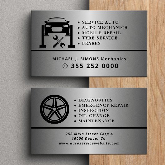 Auto repair professional mechanic silver metal visitenkarte