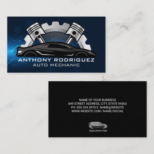 Auto Reparatur Kolben Zahnräder Logo | Techniker Visitenkarte (Vorne/Hinten)