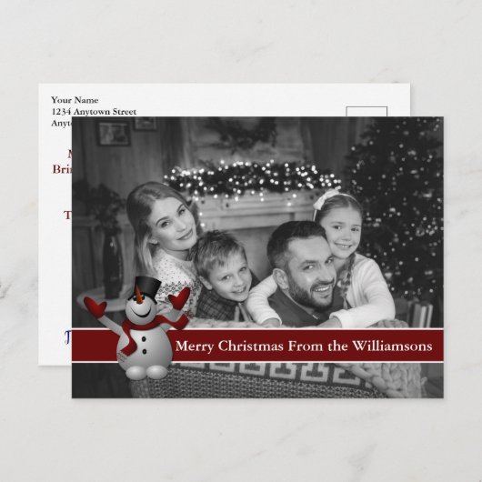 Auto Schwarz-Weiß-Foto mit Schneemann Postkarte (Vorne/Hinten)
