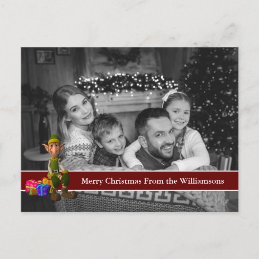 Auto Schwarz-Weiß Weihnachten Foto mit Spaß Elf Postkarte (Vorderseite)