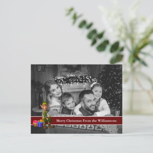 Auto Schwarz-Weiß Weihnachten Foto mit Spaß Elf Postkarte (Stehend Vorderseite)