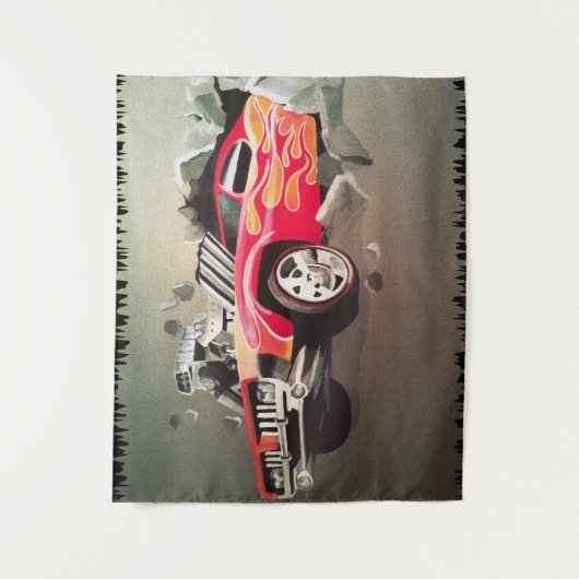 Auto stürzt durch die Mauer Wandteppich (Vorderseite)