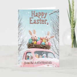 Auto und zwei bunnies voll mit Ostereiern Feiertagskarte