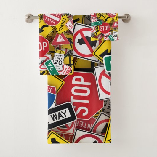 Autofahrer-Fun Road-Sign Collage Badhandtuch Set (Insitu)