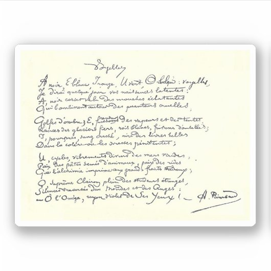 Autogrammmanuskript der Voyelles (Rimbaud) Aufkleber (Vorderseite)