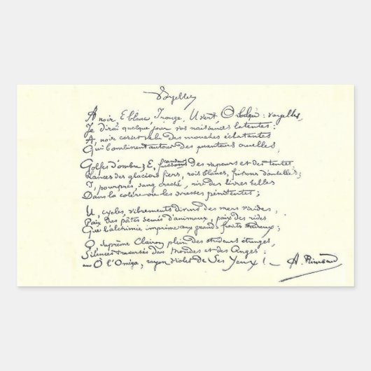 Autogrammmanuskript der Voyelles (Rimbaud) Rechteckiger Aufkleber (Vorderseite)