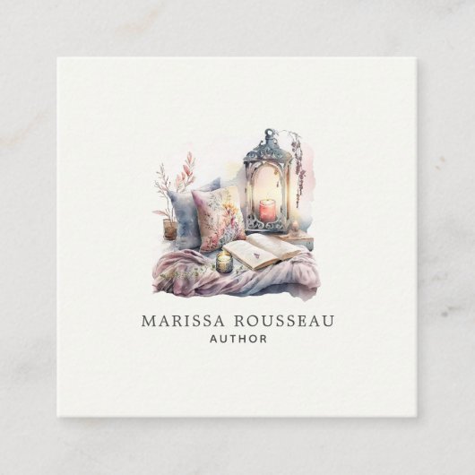 Autor Schriftsteller Cosy Candlelight and Book Quadratische Visitenkarte (Vorderseite)