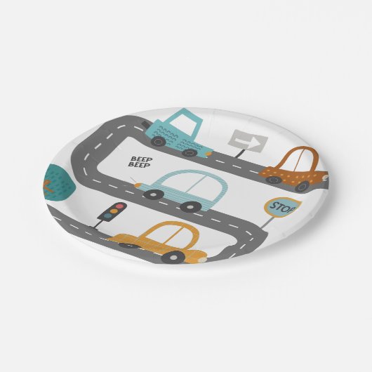 Autos Straße Geburtstag Einladung Pappteller (Schrägansicht)