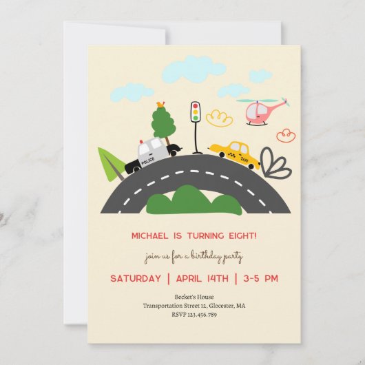 Autos und Fahrzeuge auf der Straße Junge Geburtsta Einladung (Vorderseite)