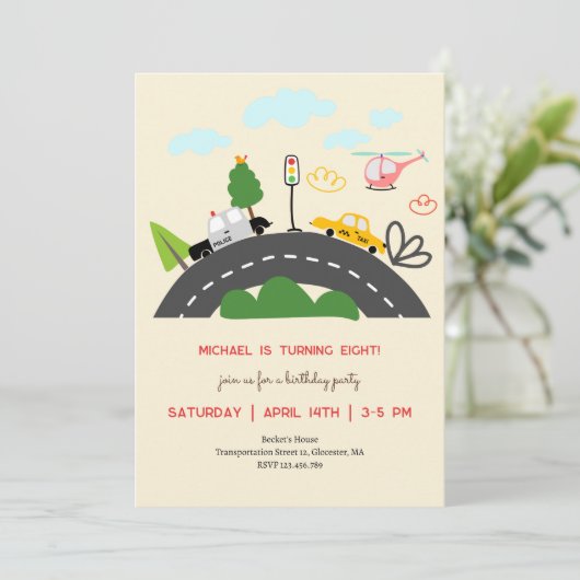 Autos und Fahrzeuge auf der Straße Junge Geburtsta Einladung (Stehend Vorderseite)
