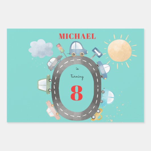 Autos und Fahrzeuge auf der Straße Junge Geburtsta Geschenkpapier Set (Vorderseite)