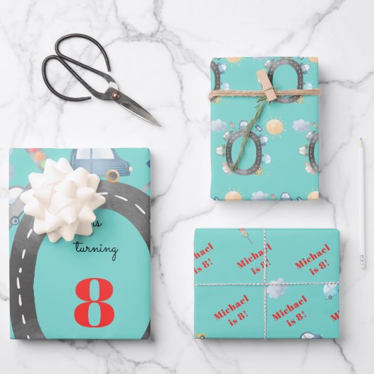 Autos und Fahrzeuge auf der Straße Junge Geburtsta Geschenkpapier Set (Vorderseite)