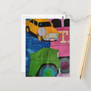 Autos und Lastwagen in hellen Farben Mixed-Media-C Postkarte