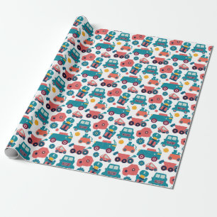 Autos und Lastwagen und blaue Blumen Geschenkpapier