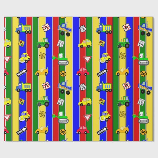 Autos und LKWs Blau, Grün und Gelb Geschenkpapier (Flach)