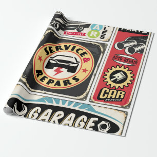 Autoservice- und Reparatur-Retro-Schilder-Sammlung Geschenkpapier