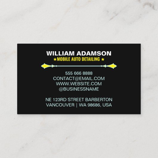 Autoverkauf, Auto-Reparatur, Schwarzes Auto im Det Visitenkarte (Rückseite)