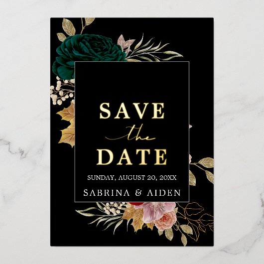 Autumanal Burgundy Emerald Black Save the Date Folieneinladung (Vorderseite)