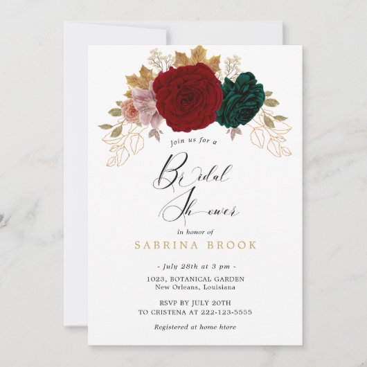 Autumanal Gold Burgundy Emerald Brautparty Einladung (Vorderseite)