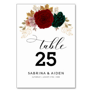 Autumanal Gold Burgundy Emerald Greeny Floral Tischnummer