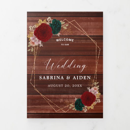 Autumanal Gold Burgundy Emerald Greeny Wedding Dreifach Gefaltete Ankündigung (Cover)
