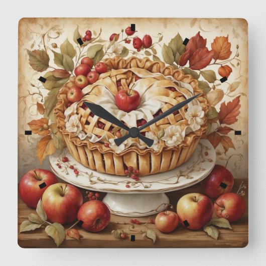 Autumn Apple Pie Wall Clock Quadratische Wanduhr (Vorderseite)