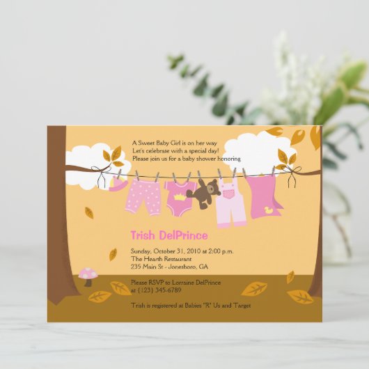 Autumn Baby Clothesline Pink Girl 12x18 Baby Dusch Einladung (Stehend Vorderseite)